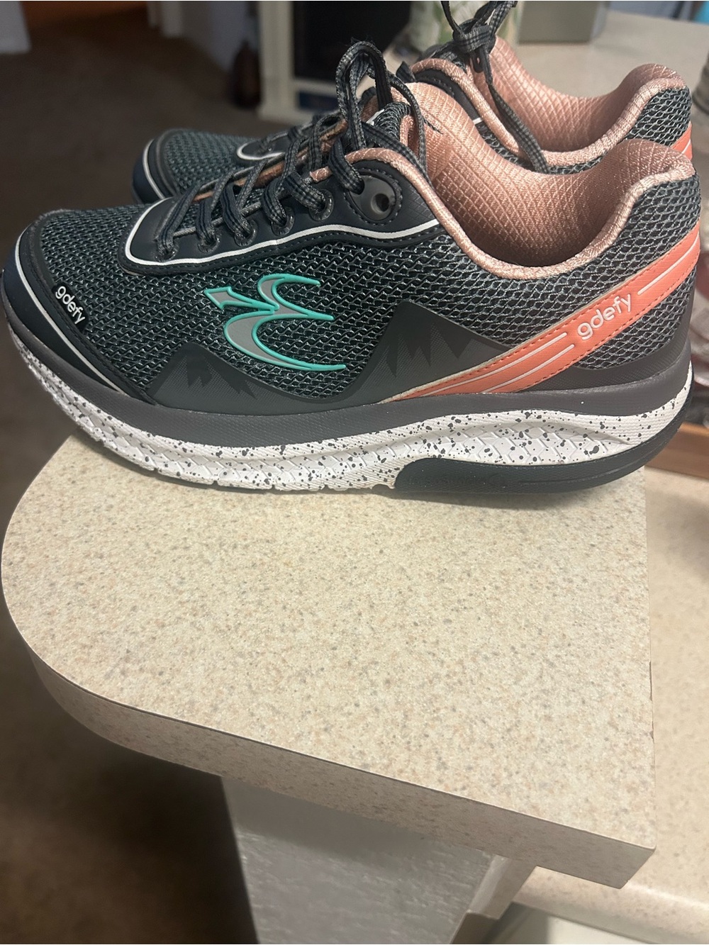 GoDefy Women’s Black and Coral Athletic Walking Shoes with Teal Accent